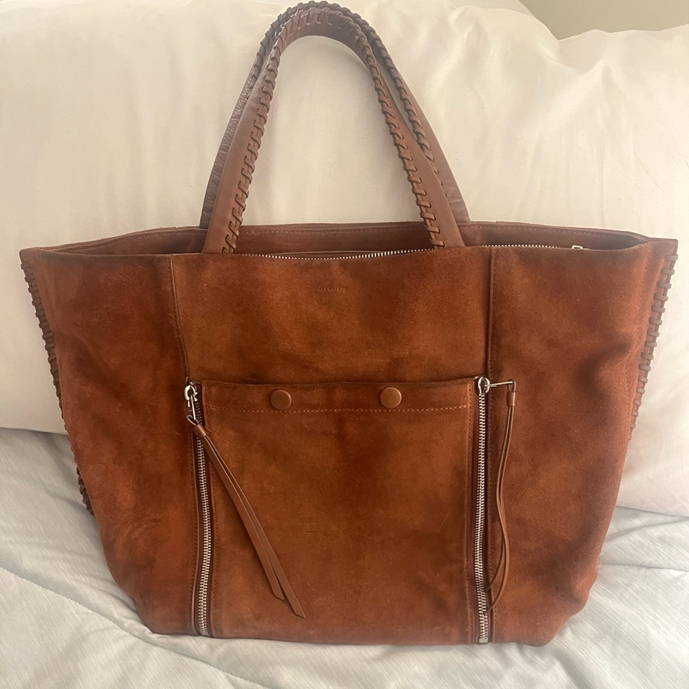 All Saints Fleur De Lis East/West Suede Tote